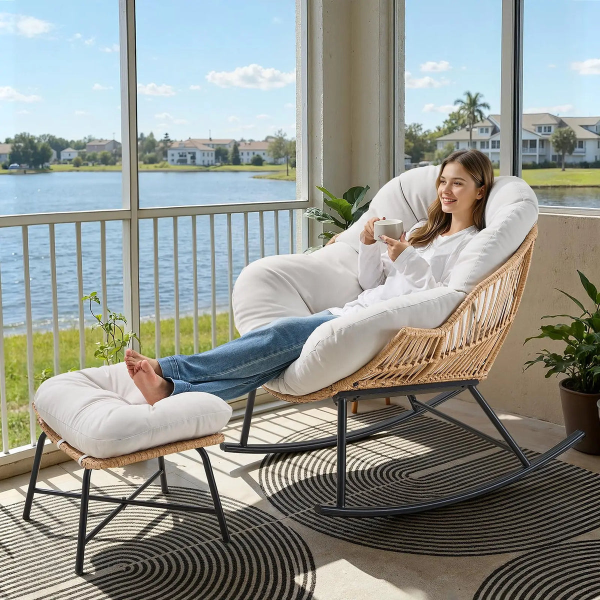 ONBRILL Rattan Papasan Rocking Chair With Ottoman for Patio Lounge
