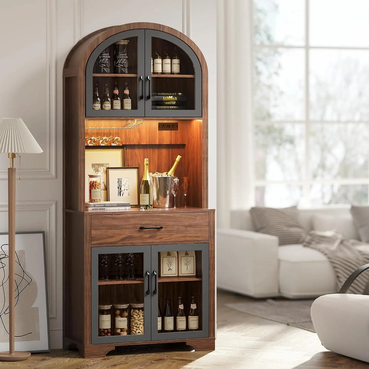 XIUWO Arched Kitchen Pantry Cabinet With Charging Station LED Lighting
