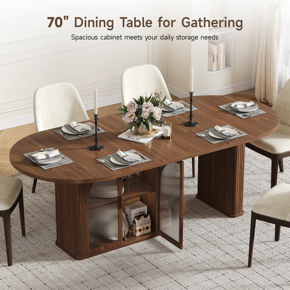 ONBRILL Oval Dining Table With Storage And LED Lighting