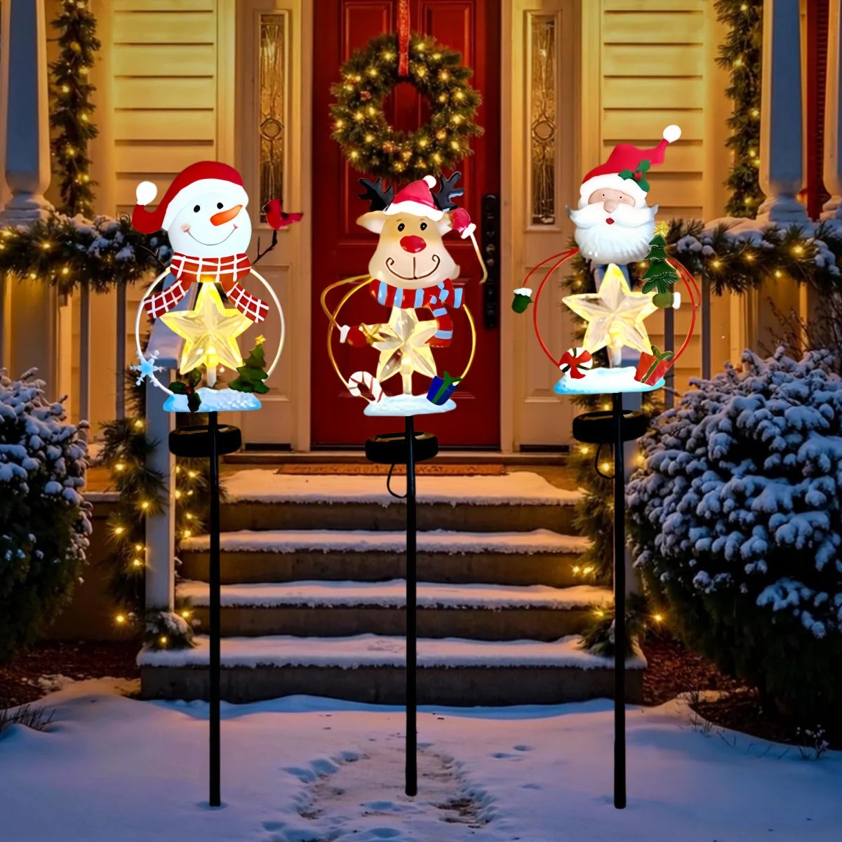 Solar Christmas Garden Stake Lights With Snowman Santa And Reindeer
