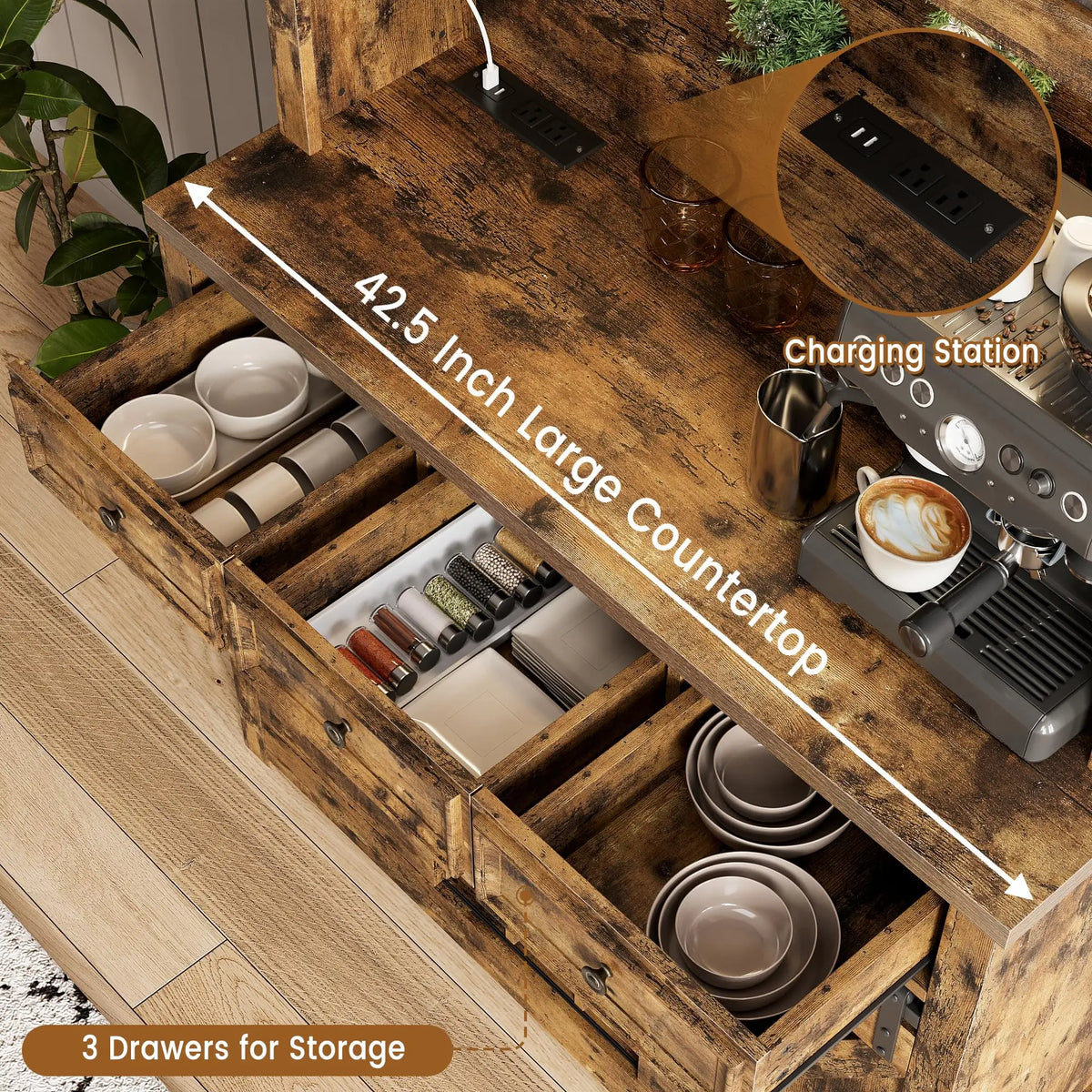 HiMISS Farmhouse Coffee Bar Cabinet With LED Lights And Storage