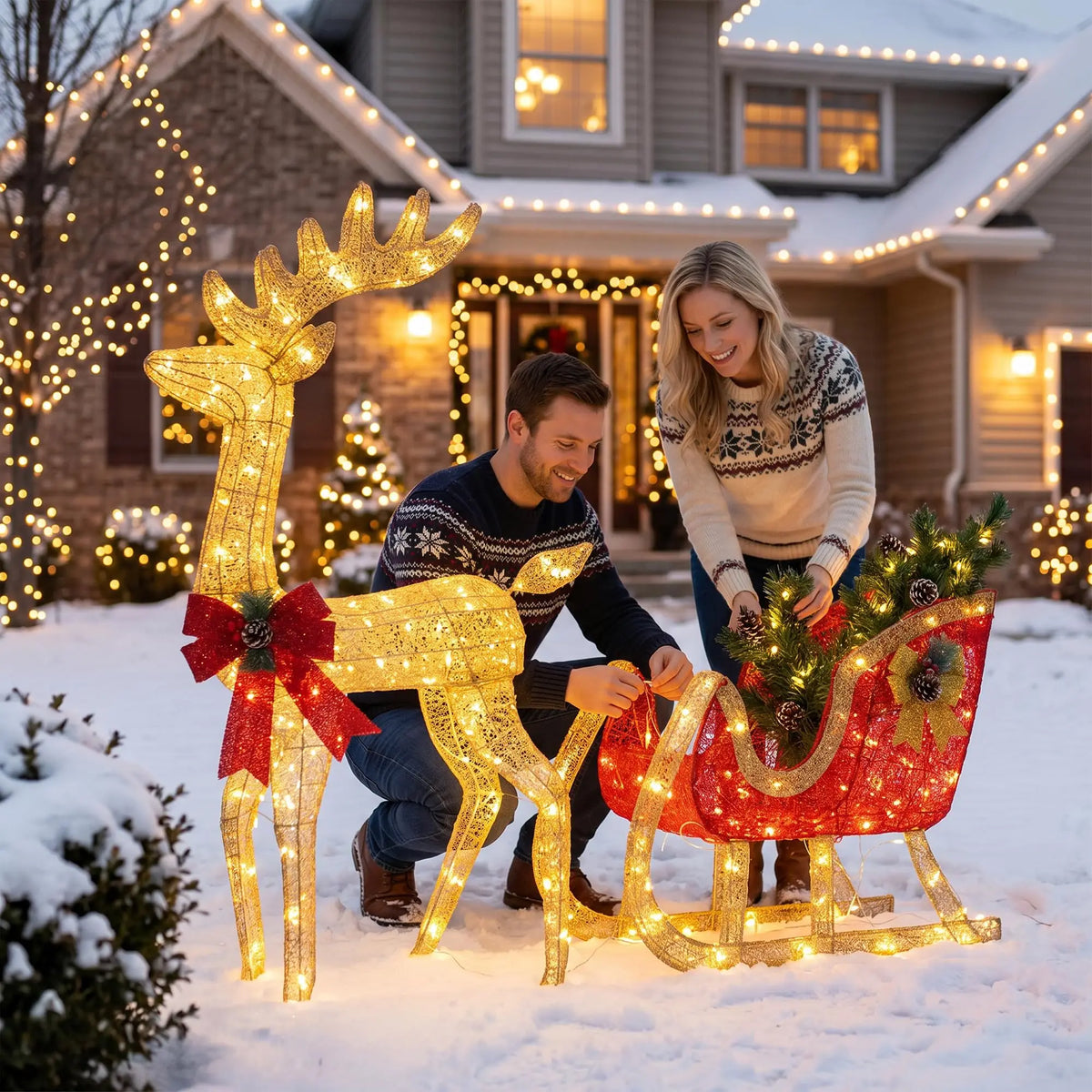 HiMISS Lighted Christmas Reindeer And Sleigh Outdoor Yard Decor