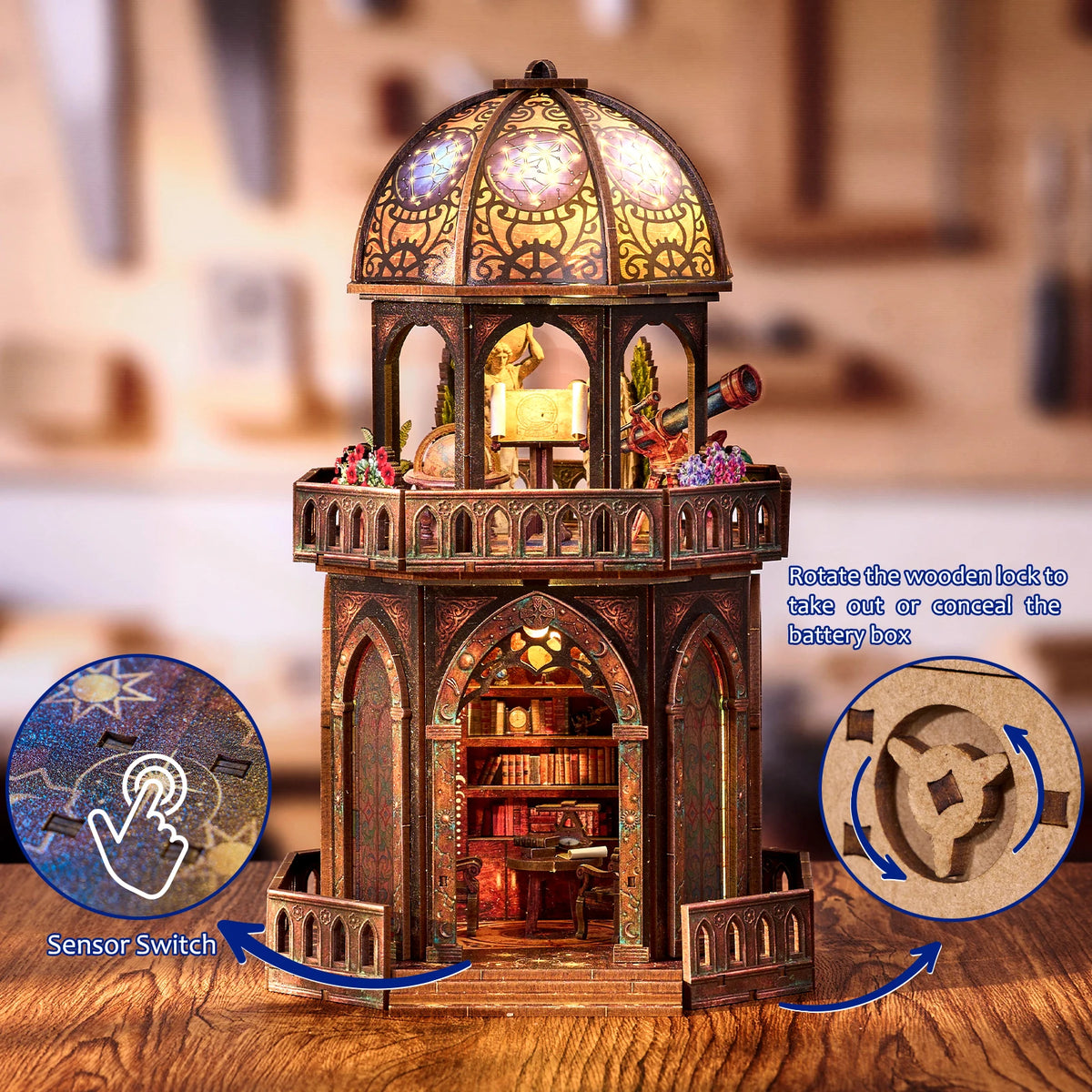DIY 3D Wooden Observatory Book Nook Puzzle Kit Bookshelf Insert