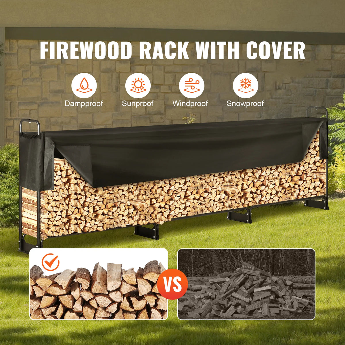SucceBuy Outdoor Firewood Rack With Heavy 600D Oxford Waterproof Cover