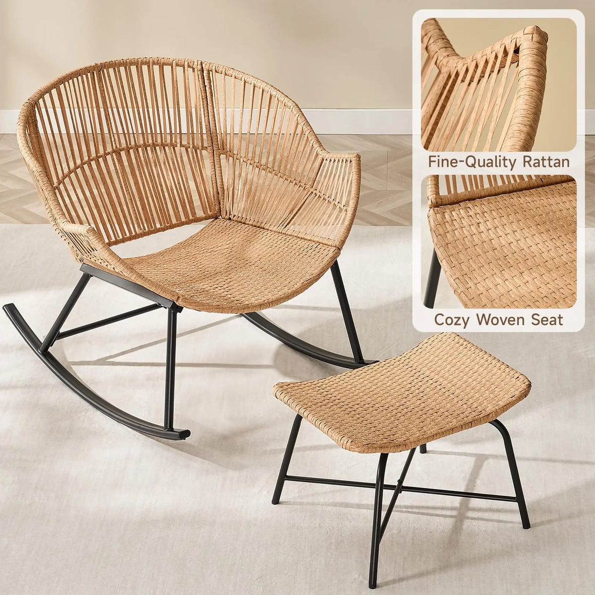 ONBRILL Rattan Papasan Rocking Chair With Ottoman for Patio Lounge
