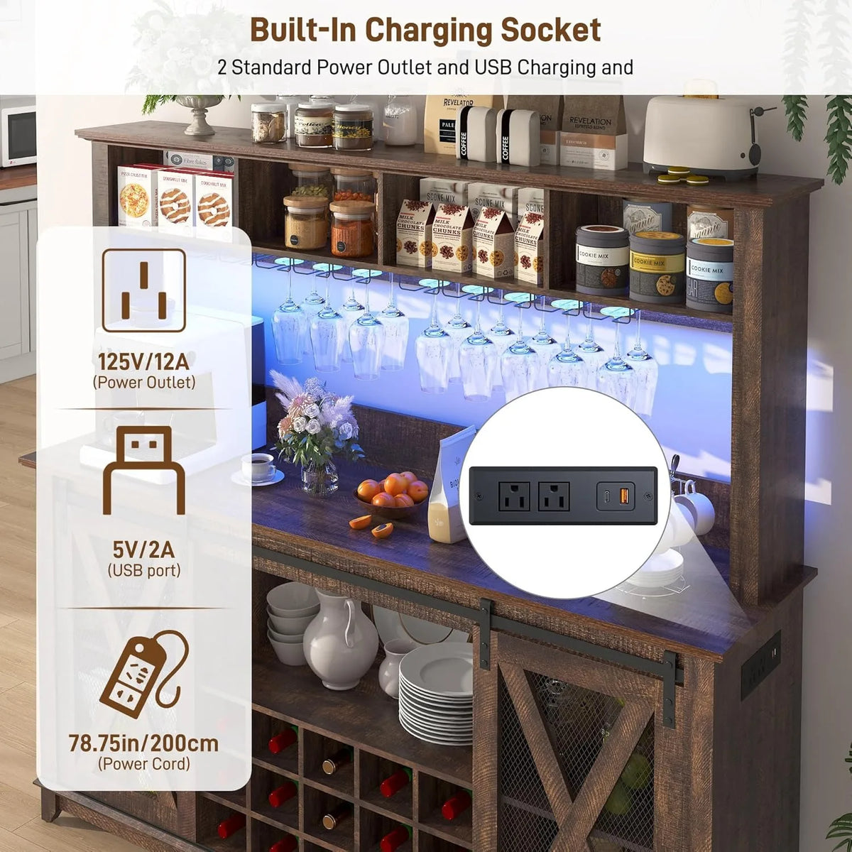 XIUWO Farmhouse Coffee Bar Cabinet LED Lighting And Wine Storage