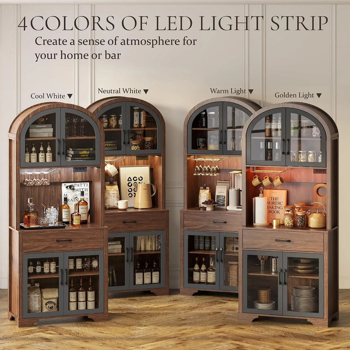 XIUWO Arched Kitchen Pantry Cabinet With Charging Station LED Lighting