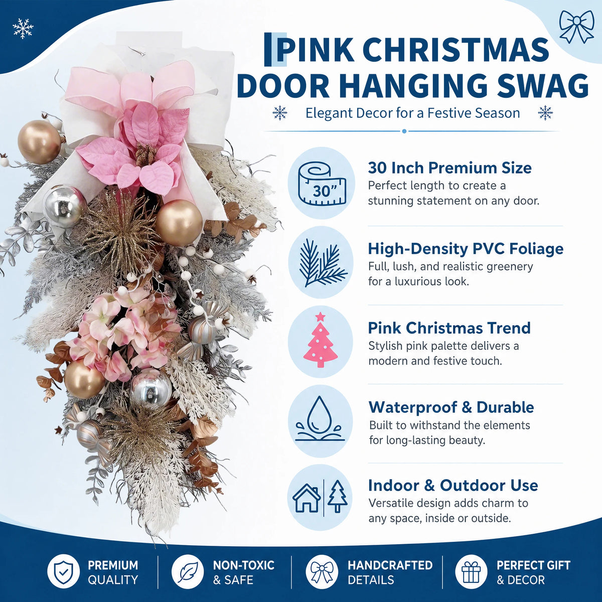 GAOMON Artificial Christmas Teardrop Wreath With Decorative Holiday Bow