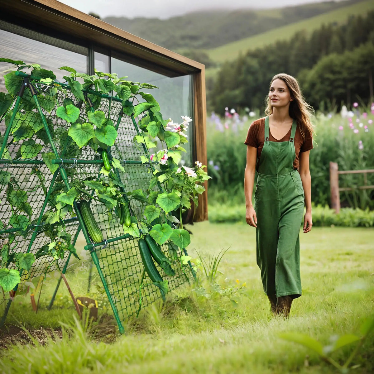 HiMISS Raised Bed Frame Garden Trellis With Netting For Climbing Vegetables Tomatoes Cucumbers
