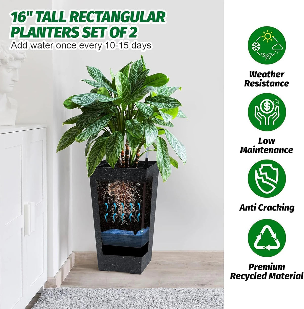 TWISTER.CK Rectangular Planters Set of 2 Large Outdoor And Indoor Plant Pots With Drainage Holes And Water Level Monitor