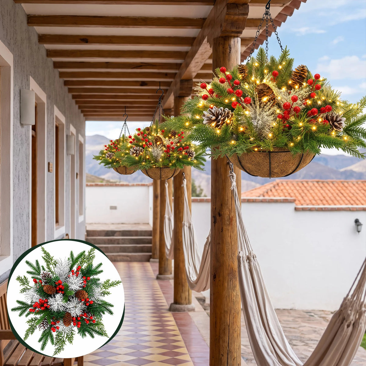 Artificial Christmas Hanging Basket With LED String Lights