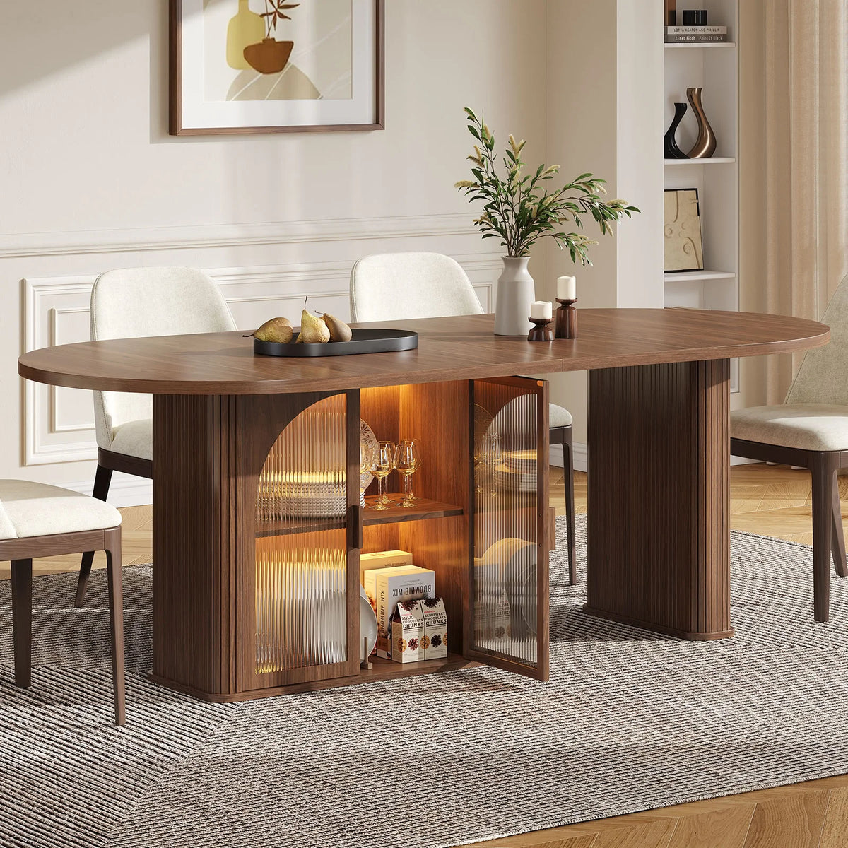ONBRILL Oval Dining Table With Storage And LED Lighting