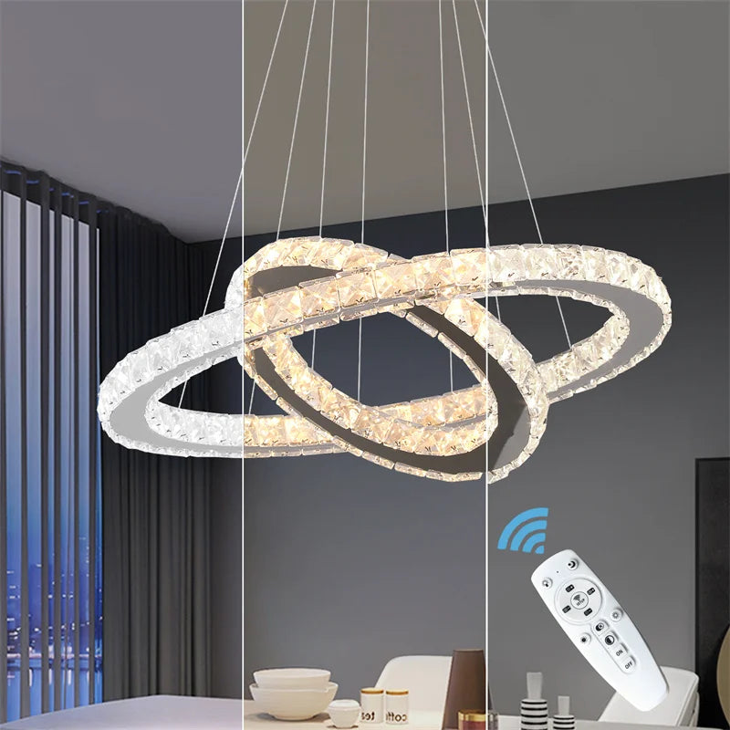 GreeLustr Modern Crystal Ring LED Chandelier With Dimmer Remote