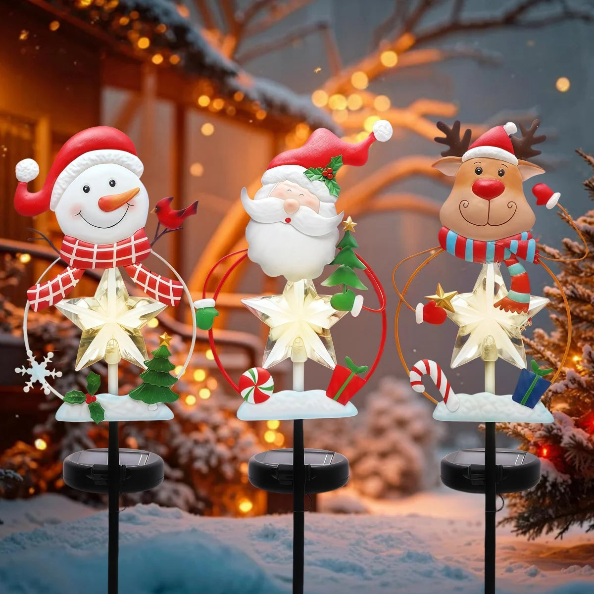 Solar Christmas Garden Stake Lights With Snowman Santa And Reindeer