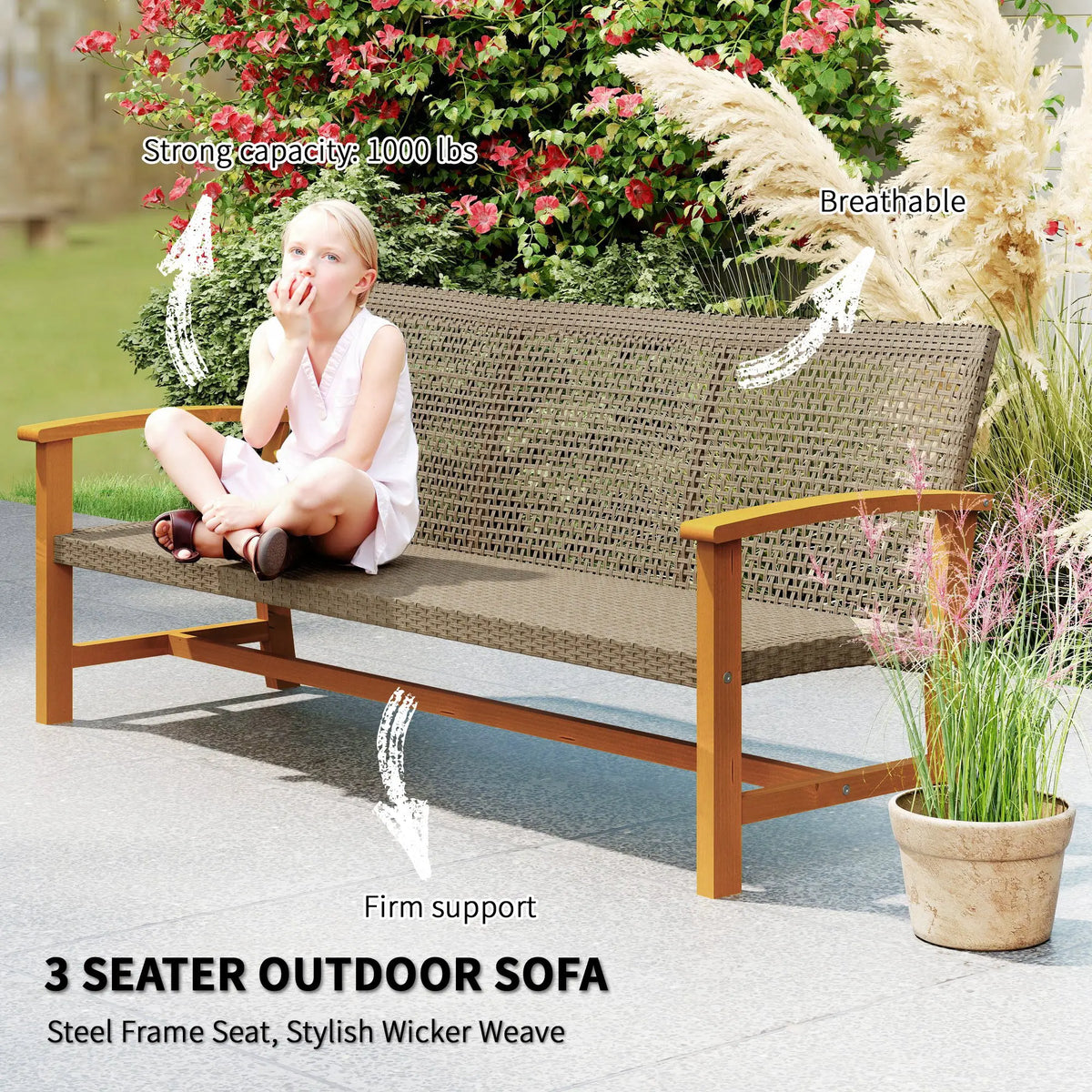 Outsunny Wicker Outdoor Sofa With Acacia Wood Armrests