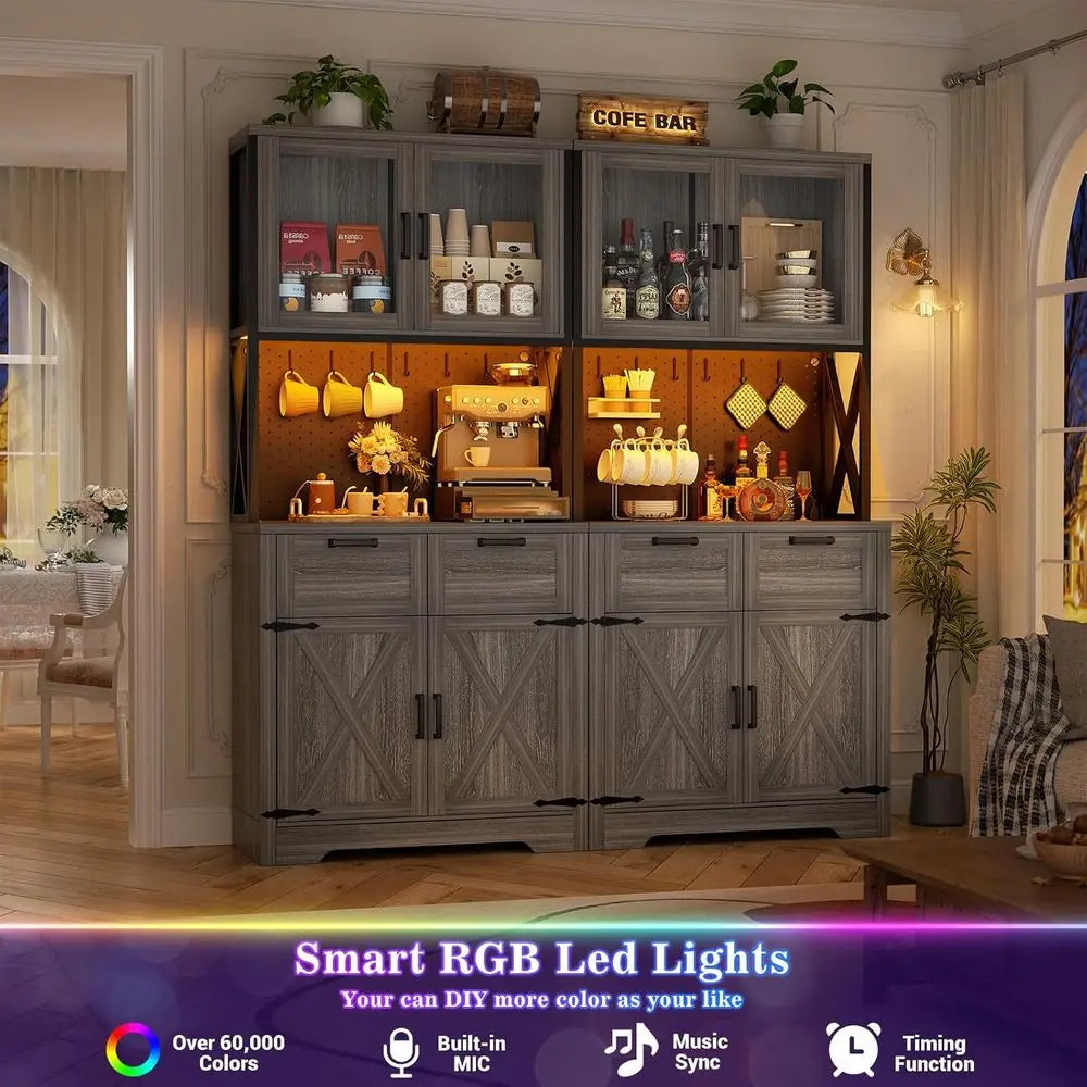 Kitchen Pantry Storage Cabinet With LED Lighting, Outlet And Countertop