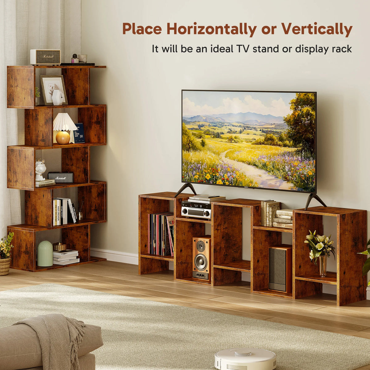 JHK Five Tier Geometric S Shaped Wooden Bookcase Display Shelf