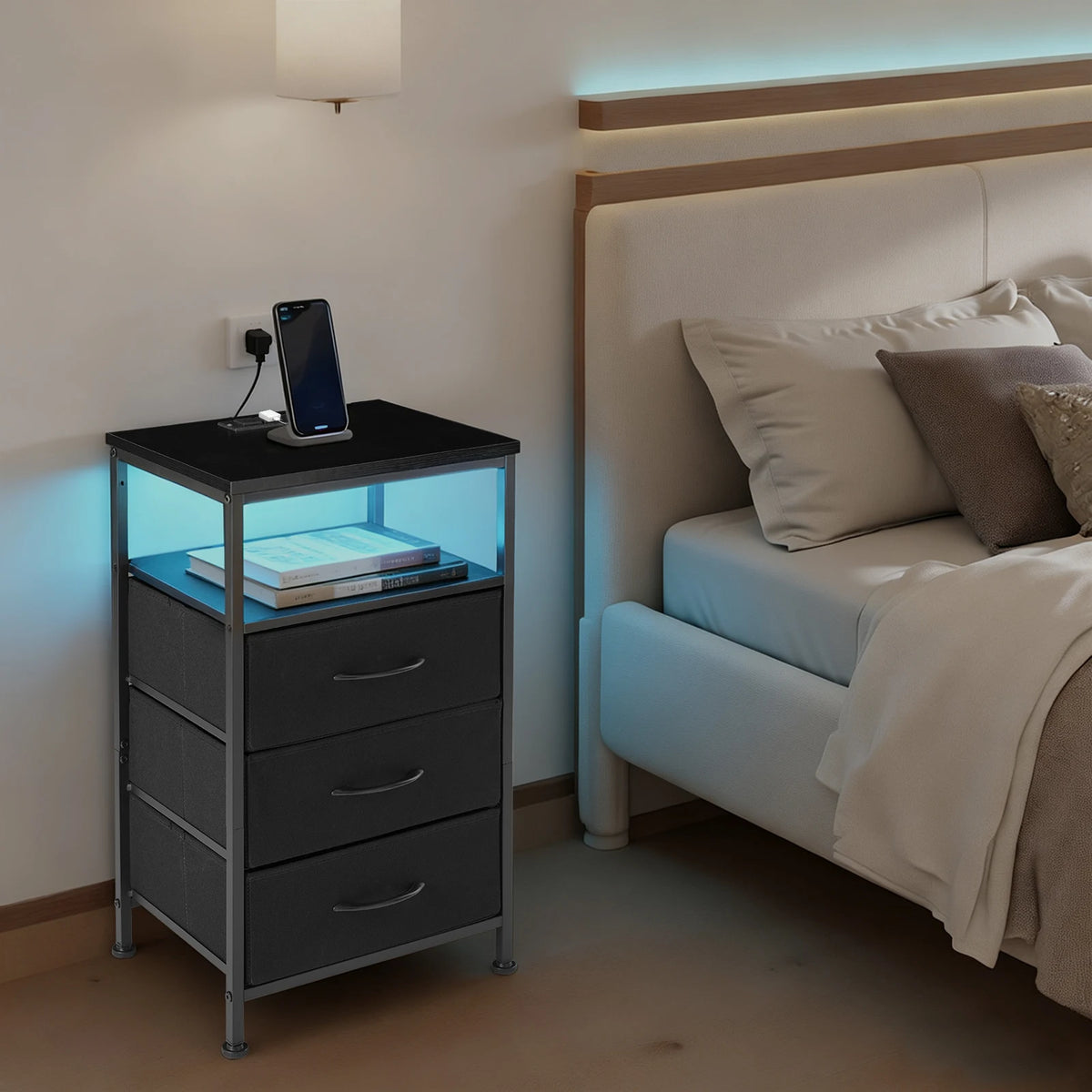 JHK Fabric Drawer Nightstand With Charging Station And USB Ports