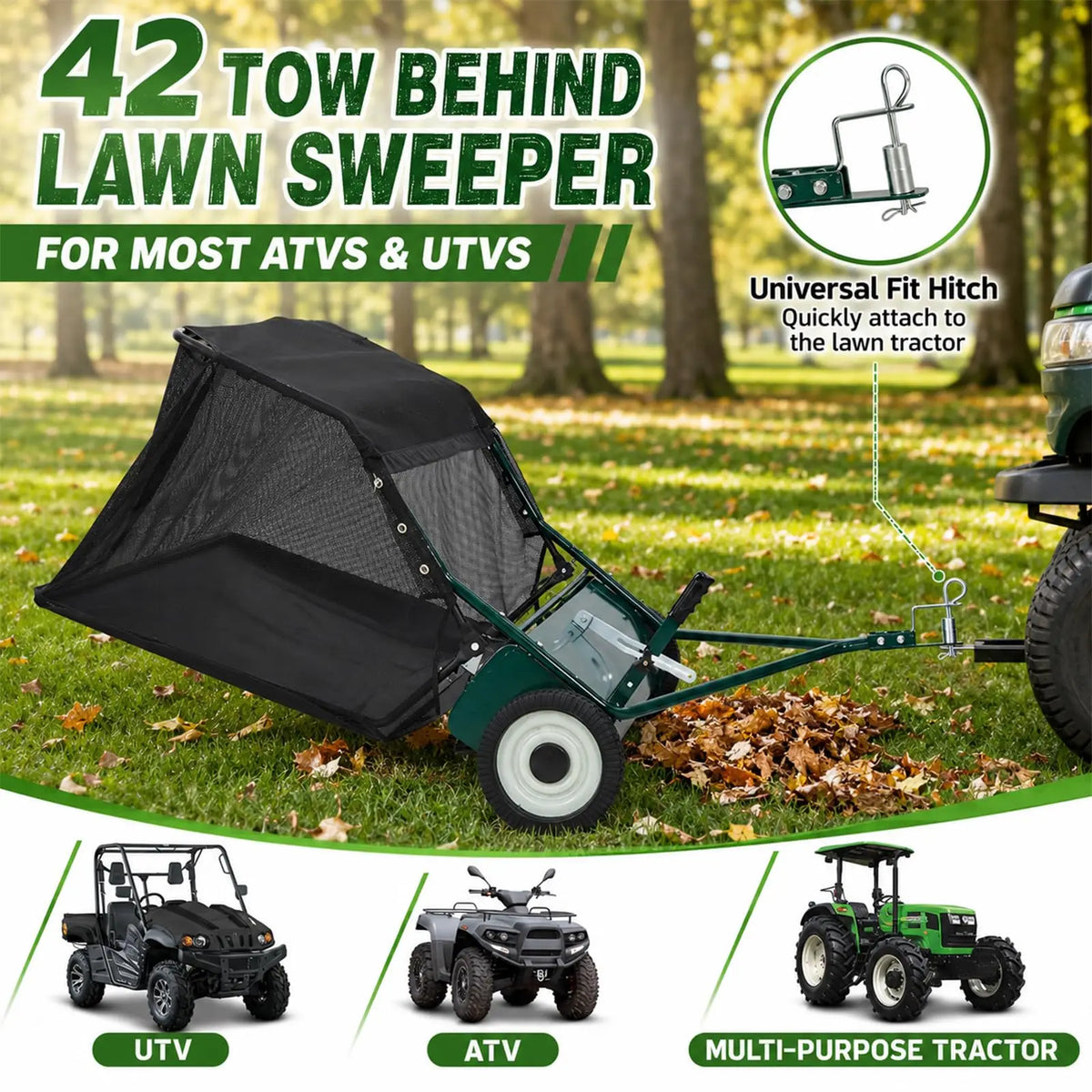 Tow Behind Lawn Sweeper for Efficient Leaf and Grass Collection