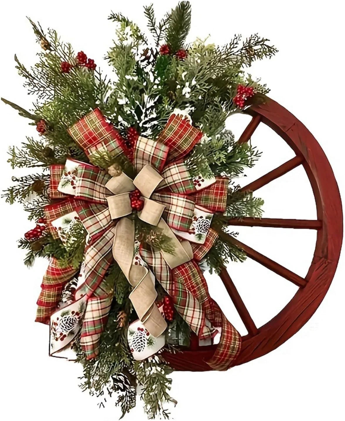 Farmhouse Christmas Wagon Wheel Wreath With Plaid Bows And Berries