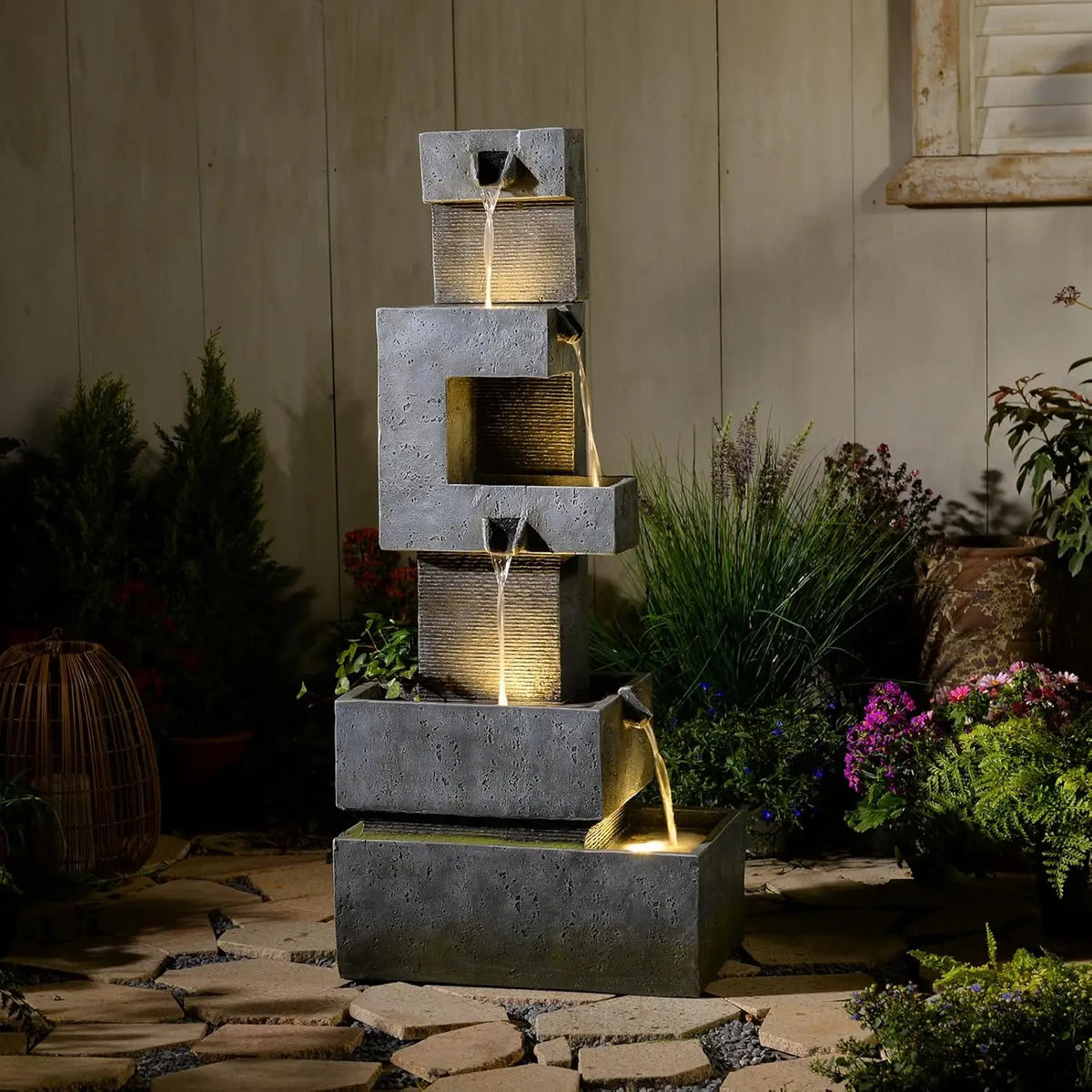 Tree Trunk Outdoor Waterfall Fountain With LED Lights For Garden