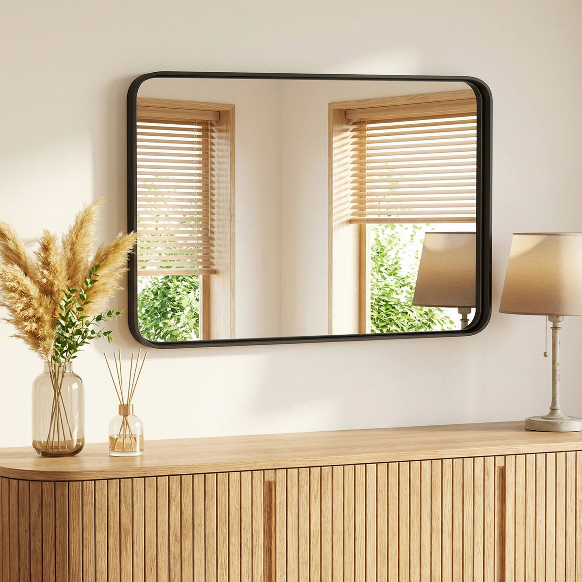 JHK Matte Metal Framed Rounded Rectangle Wall Mount Bathroom Mirror