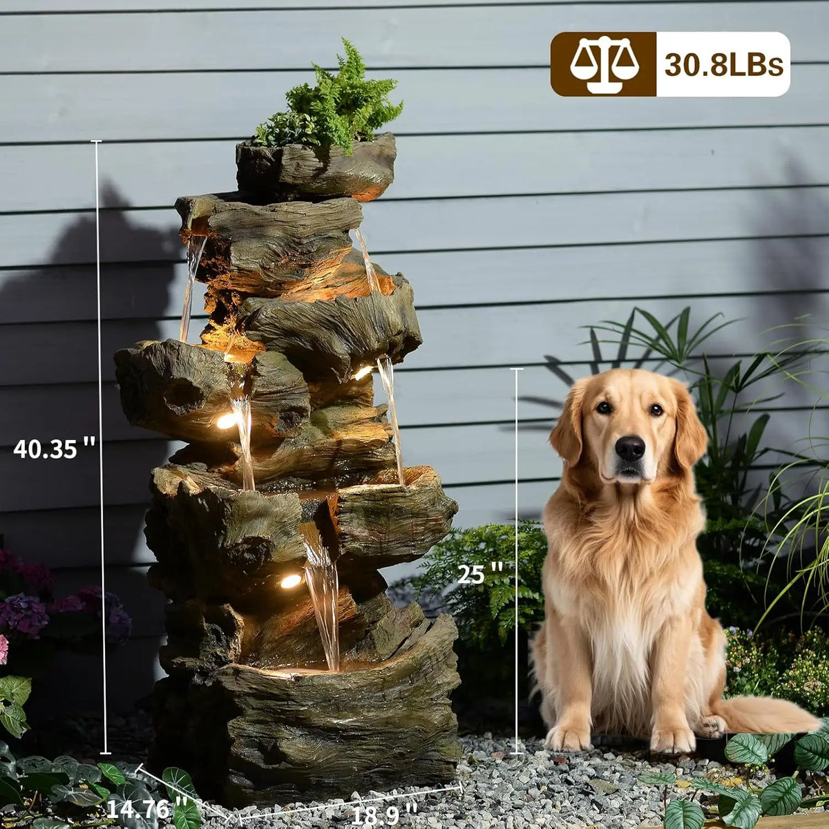 Tree Trunk Outdoor Waterfall Fountain With LED Lights For Garden