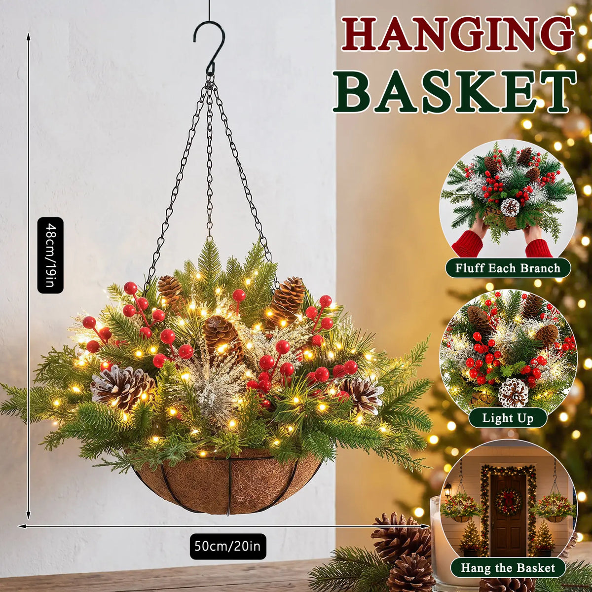 Artificial Christmas Hanging Basket With LED String Lights