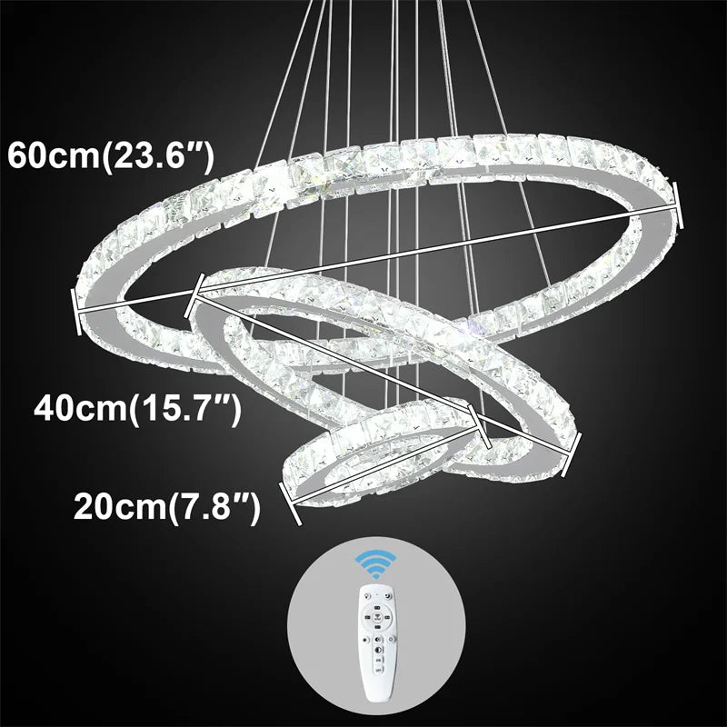 GreeLustr Modern Crystal Ring LED Chandelier With Dimmer Remote