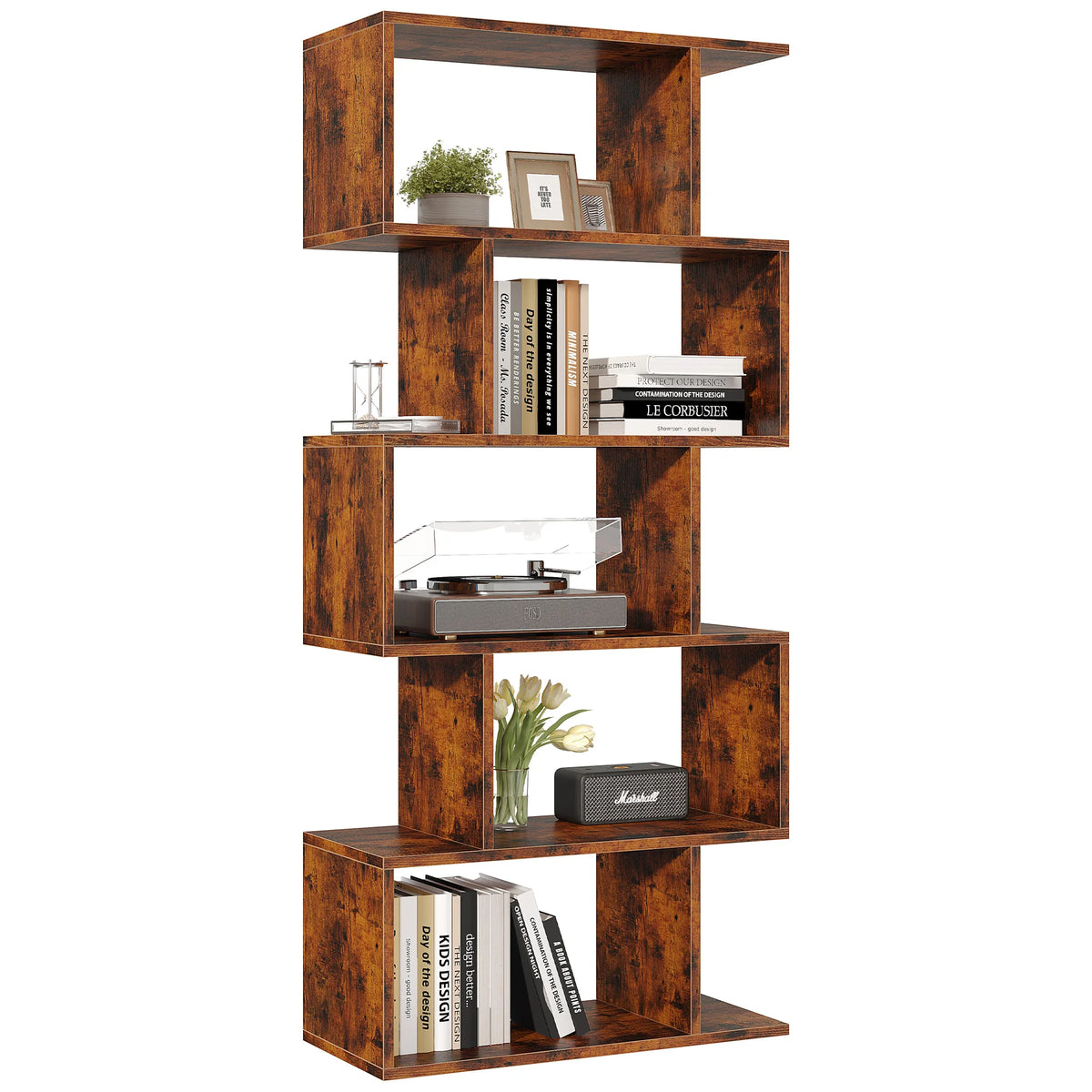 JHK Five Tier Geometric S Shaped Wooden Bookcase Display Shelf