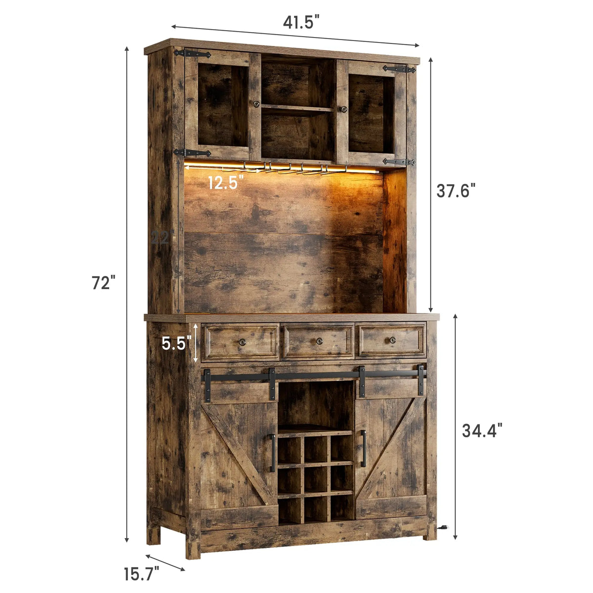 HiMISS Farmhouse Coffee Bar Cabinet With LED Lights And Storage