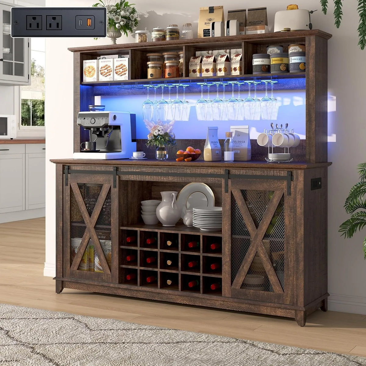 XIUWO Farmhouse Coffee Bar Cabinet LED Lighting And Wine Storage