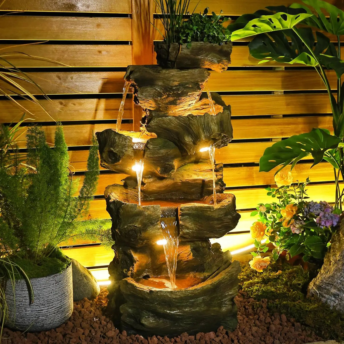 Tree Trunk Outdoor Waterfall Fountain With LED Lights For Garden