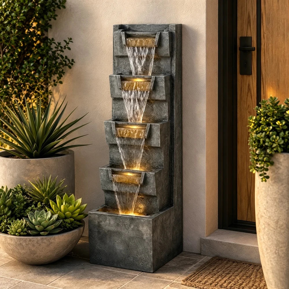 Four Tier Cascading Outdoor Water Fountain With Warm LED Lights