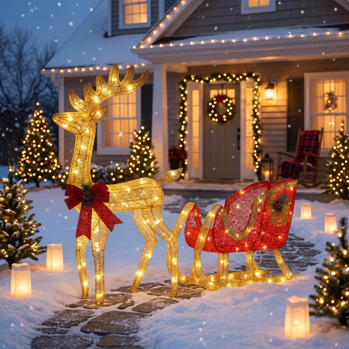 Lighted Christmas Reindeer And Sleigh LED Outdoor Holiday Decoration Set