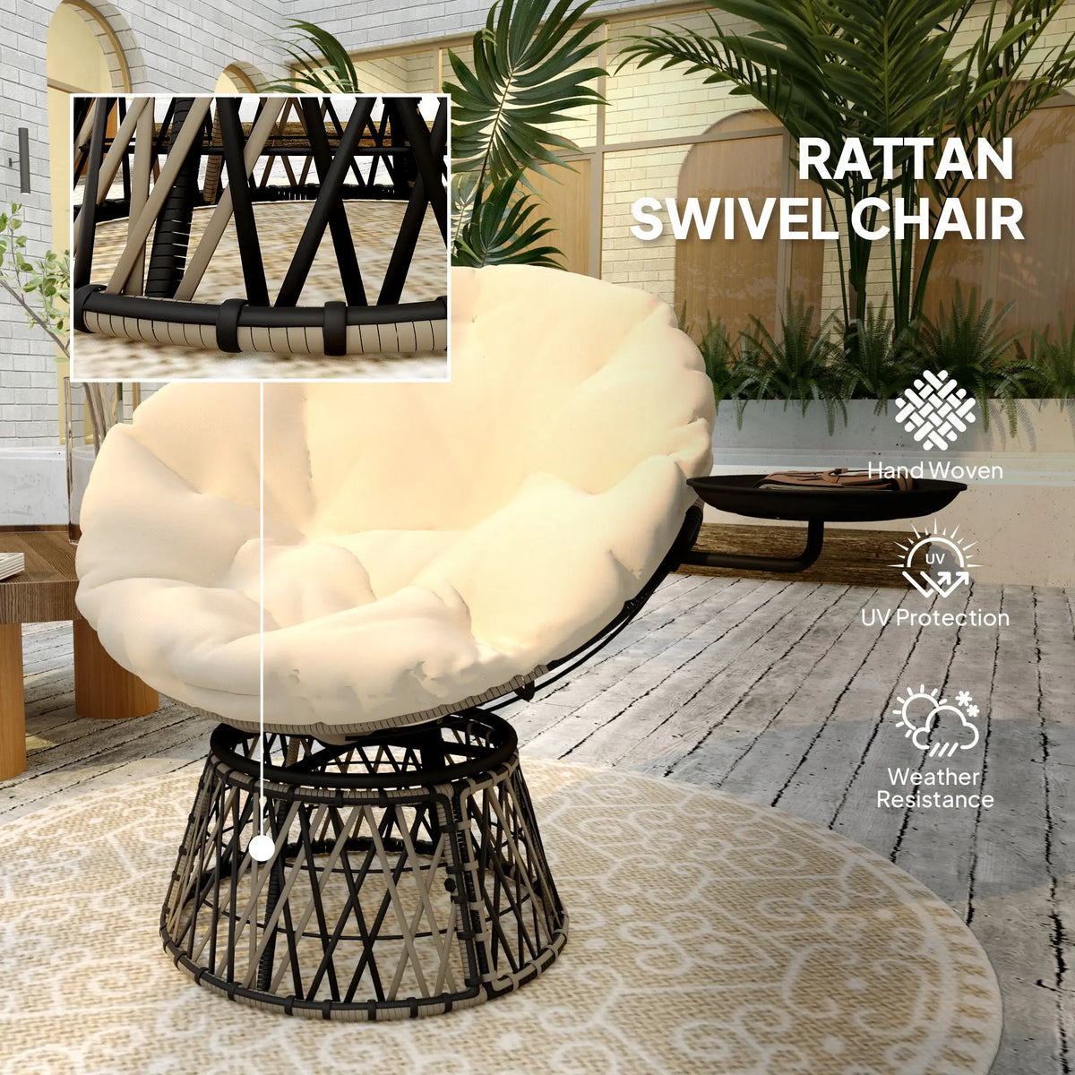 Outsunny Outdoor Swivel Papasan Chair With Side Tray And Cushion