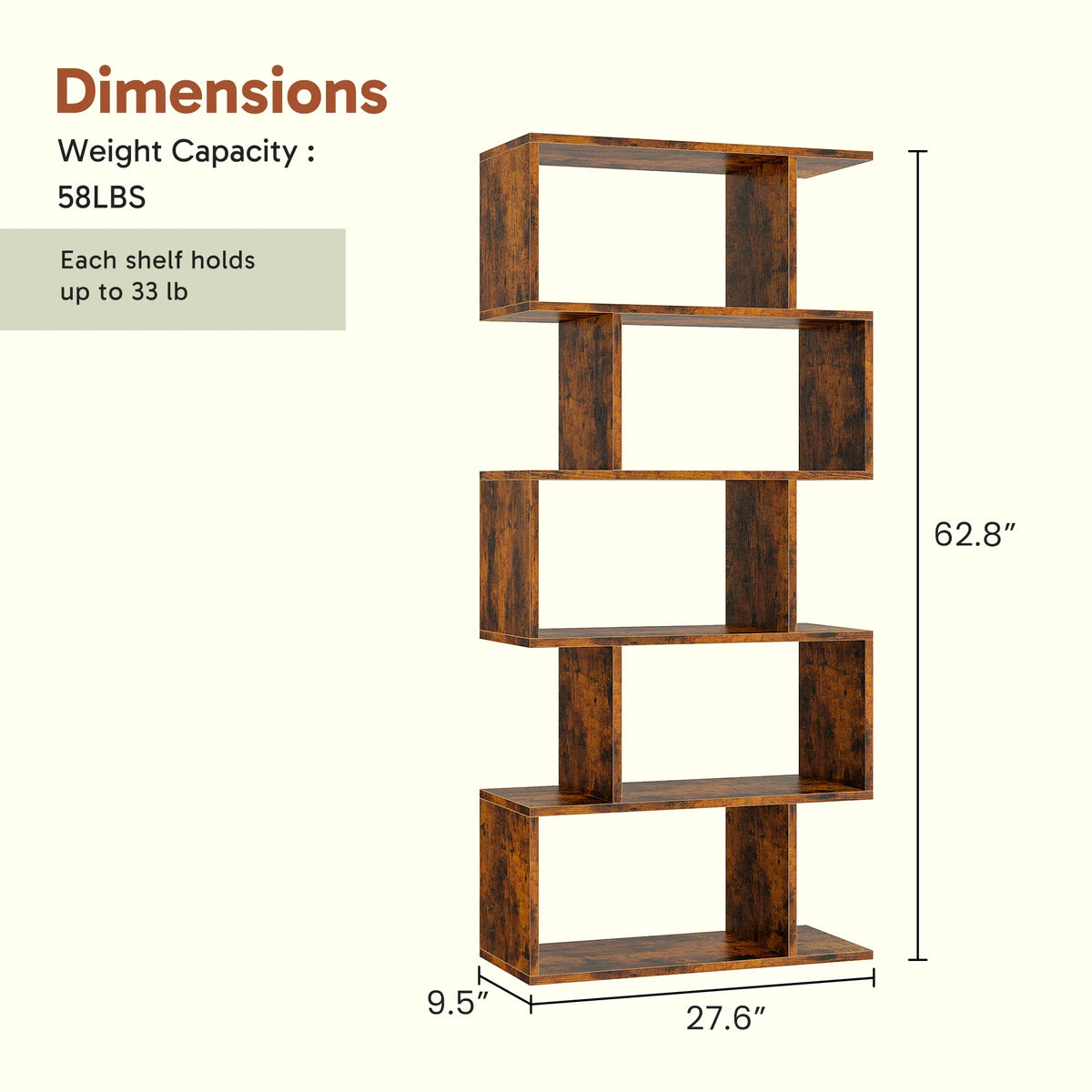 JHK Five Tier Geometric S Shaped Wooden Bookcase Display Shelf