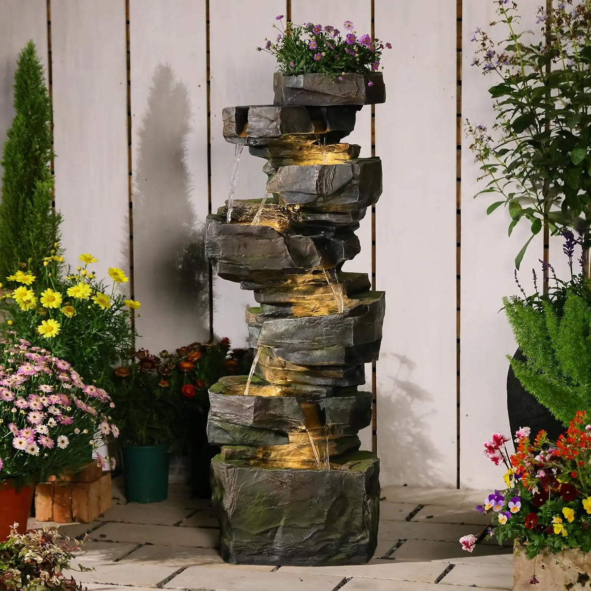 Tree Trunk Outdoor Waterfall Fountain With LED Lights For Garden