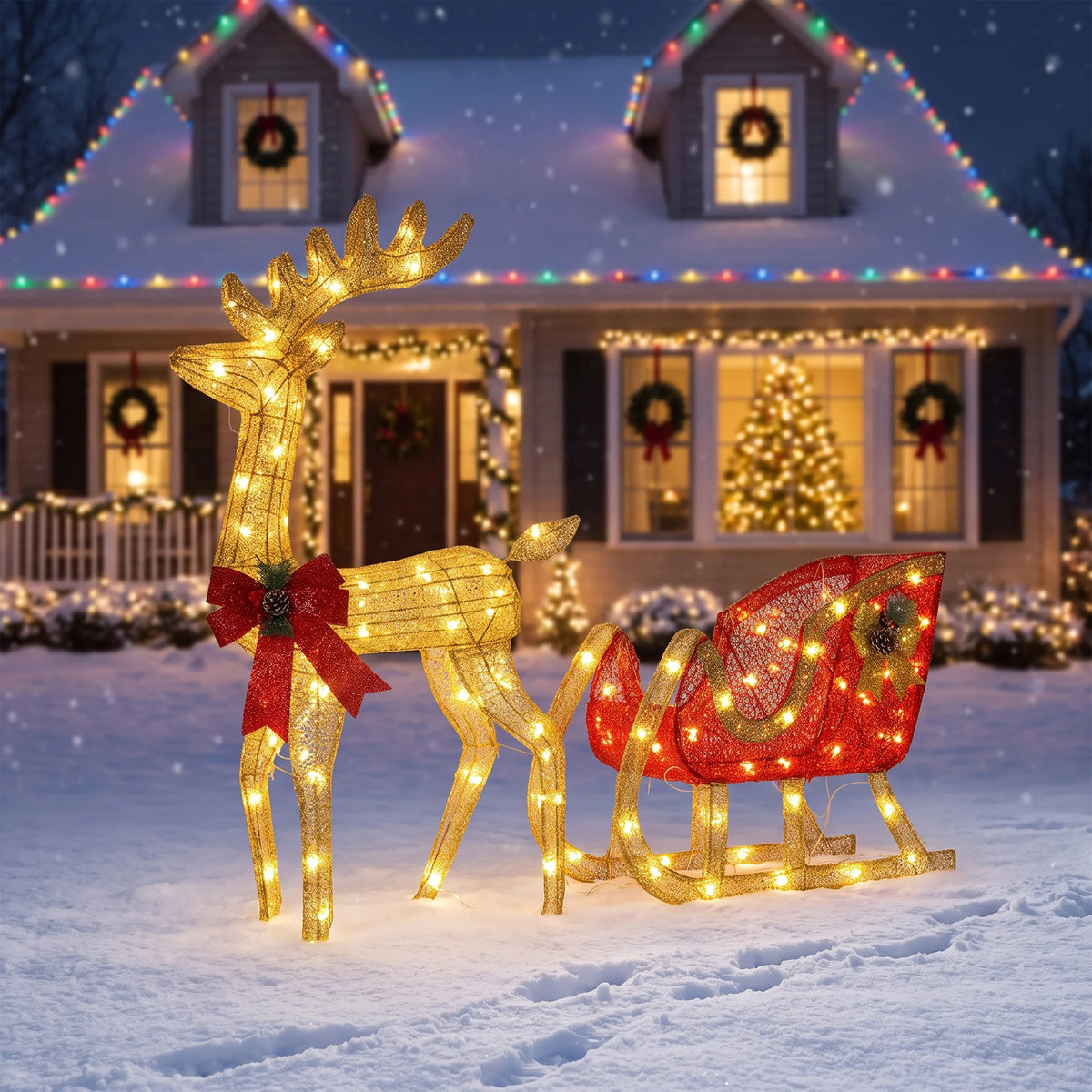 Lighted Christmas Reindeer And Sleigh LED Outdoor Holiday Decoration Set