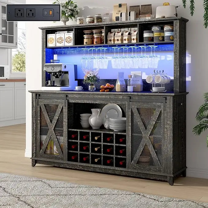 XIUWO Farmhouse Coffee Bar Cabinet LED Lighting And Wine Storage