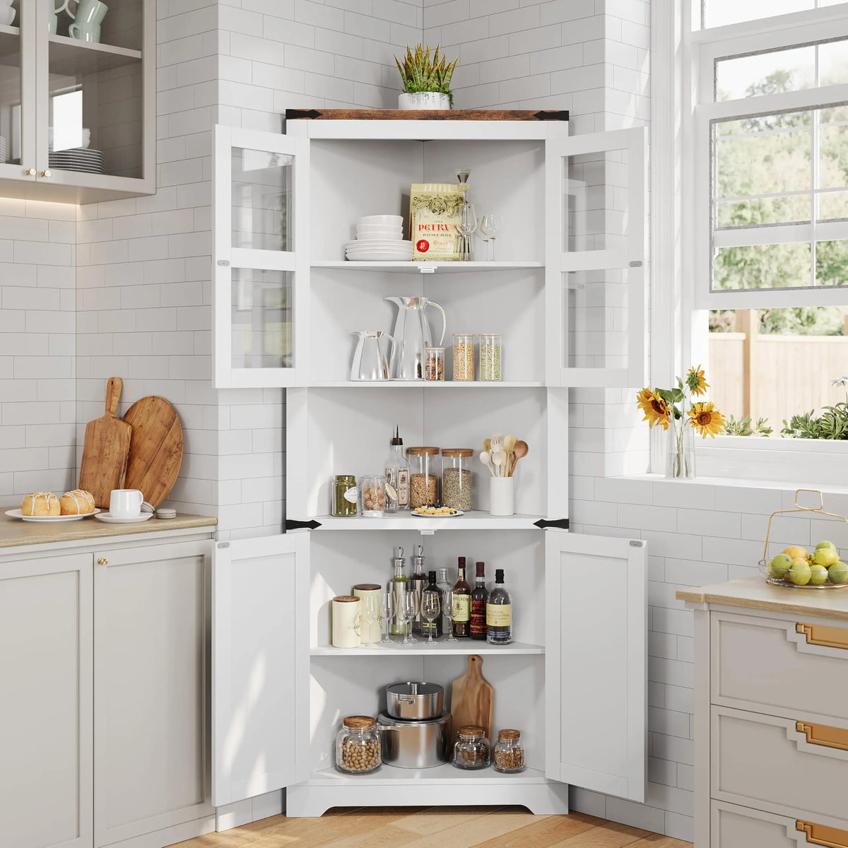 HiMISS Farmhouse Corner Cabinet With Glass Door And Adjustable Shelves