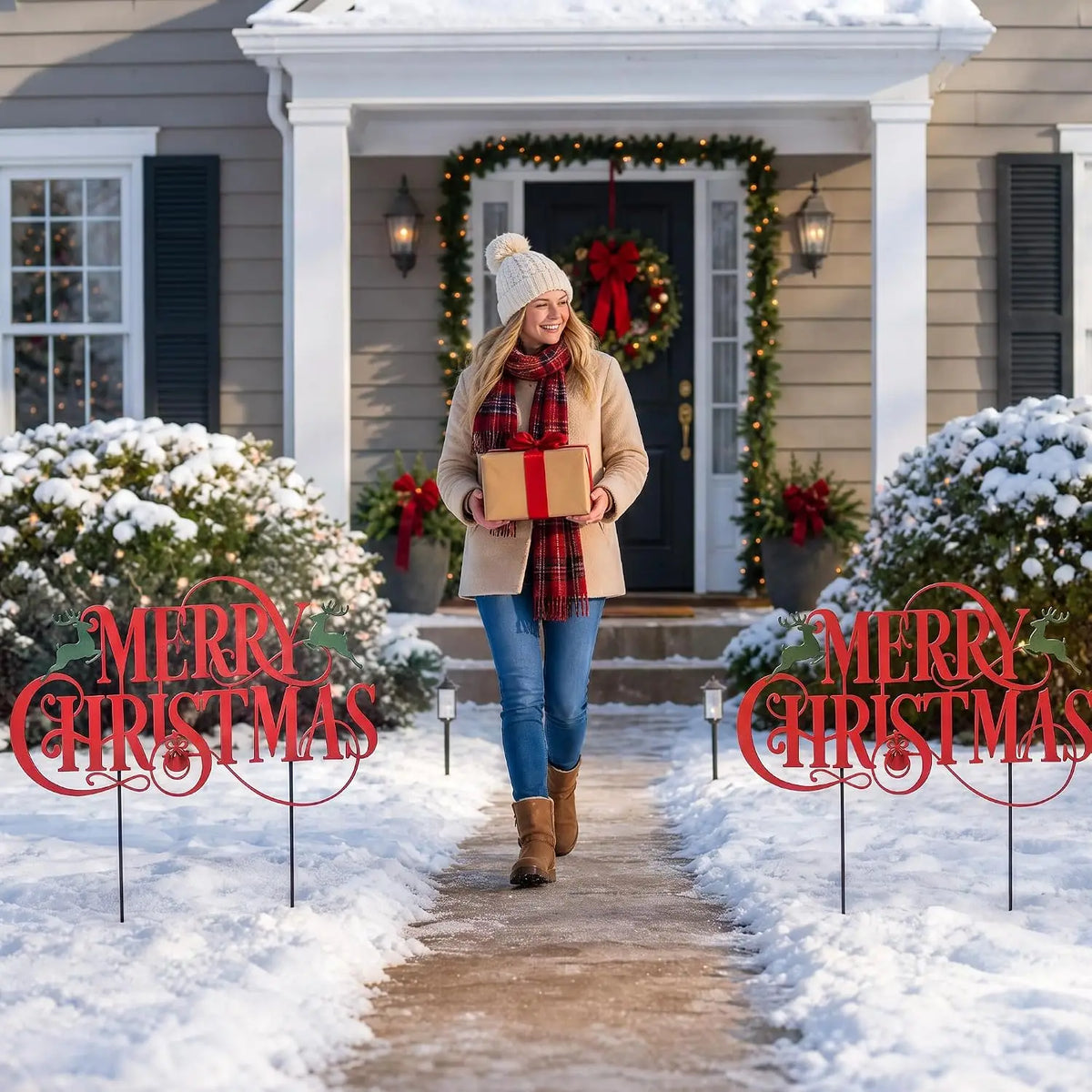 Merry Christmas Reindeer Yard Signs With Stakes for Holiday Decor