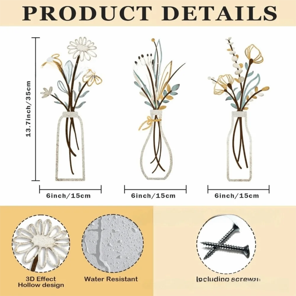 Metal Floral Vase Wall Art For Boho Farmhouse Decor
