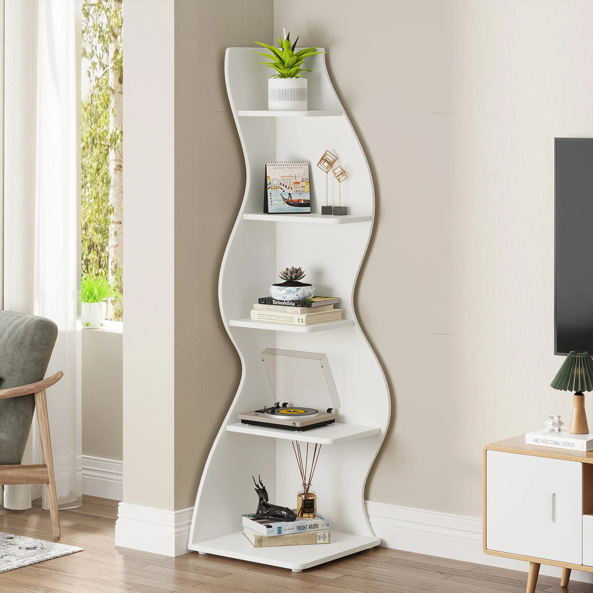 Tribesigns Modern Corner Bookshelf Storage Rack and Plant Stand