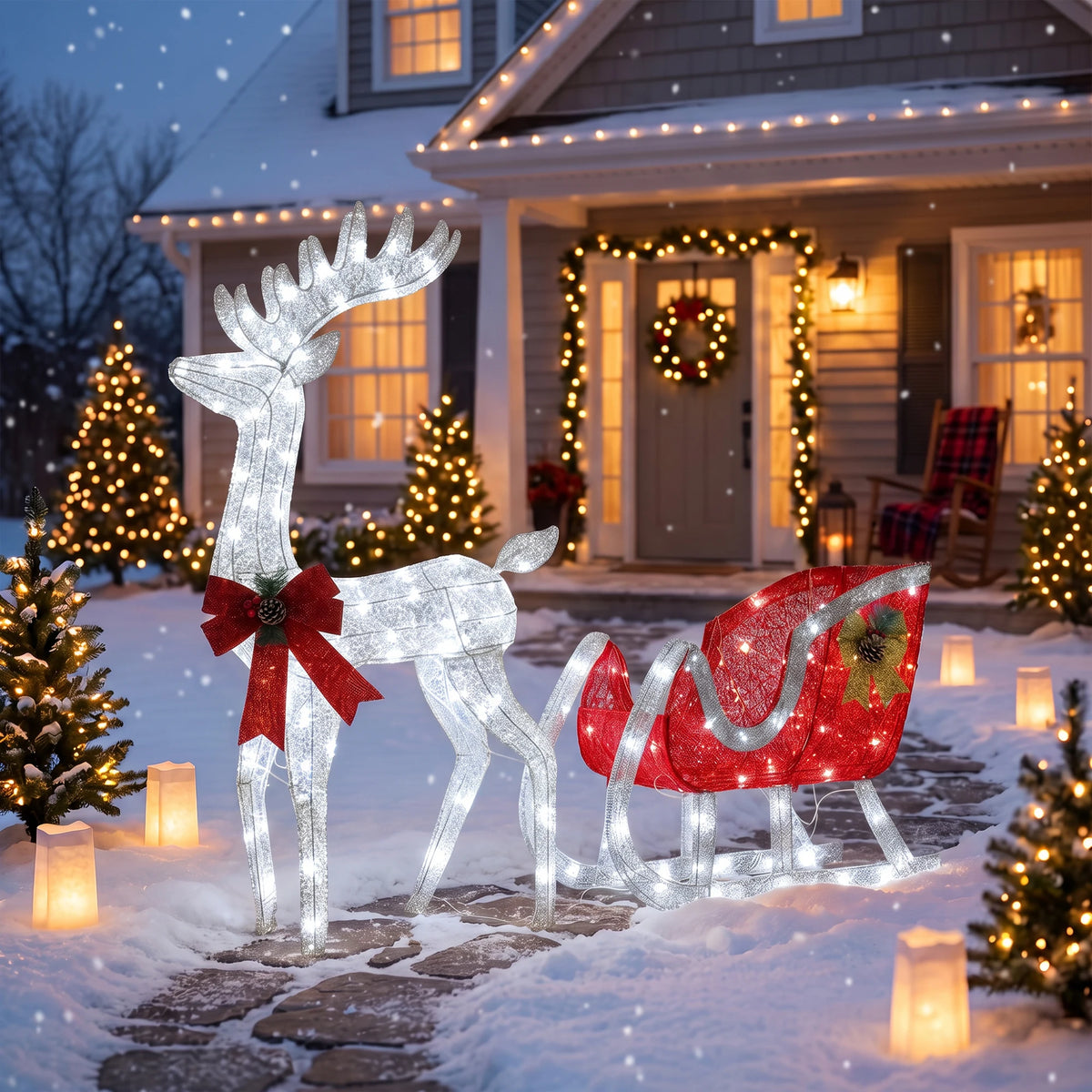 Lighted Christmas Reindeer And Sleigh LED Outdoor Holiday Decoration Set