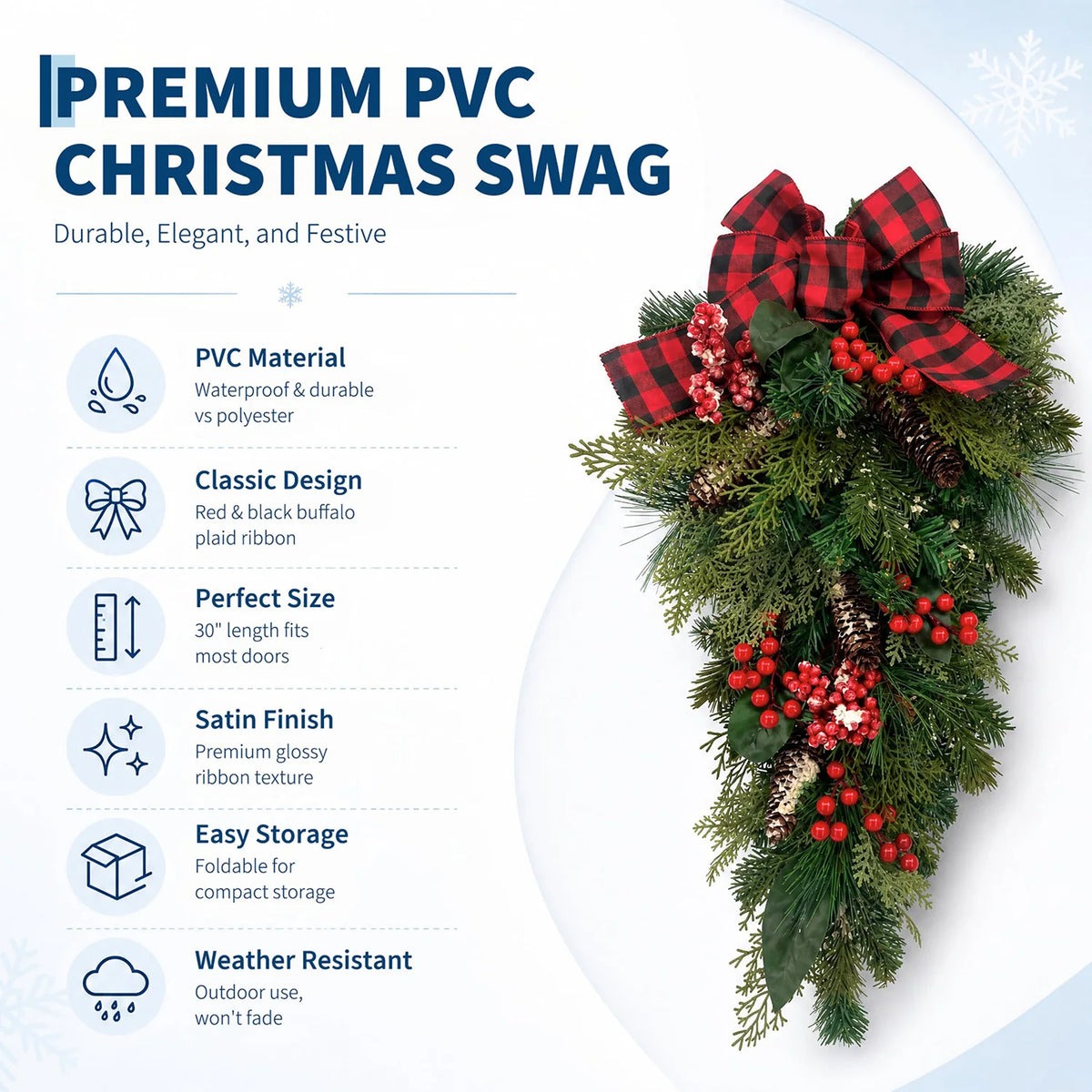 HiMISS Farmhouse Christmas Teardrop Swag With Plaid Bow And Pinecones