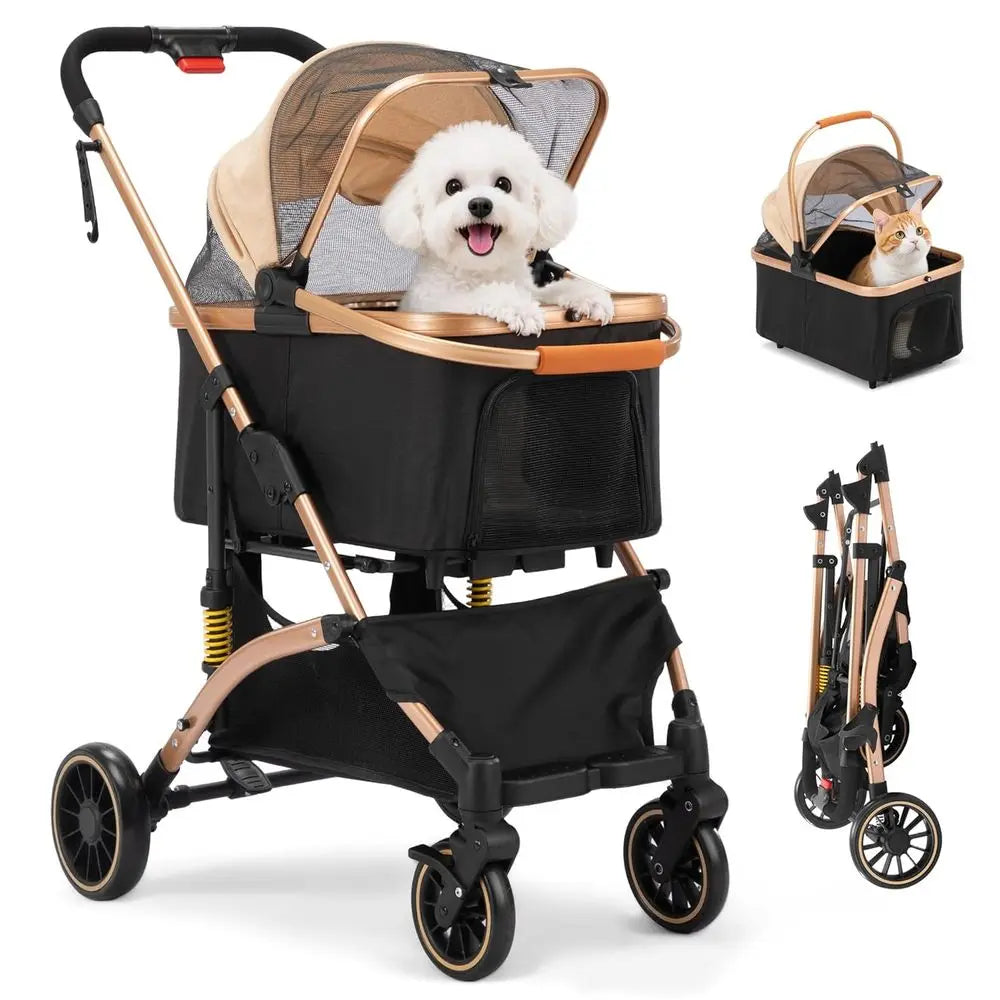 Pet Stroller With Shock Absorbers Storage Basket And Dual Brakes
