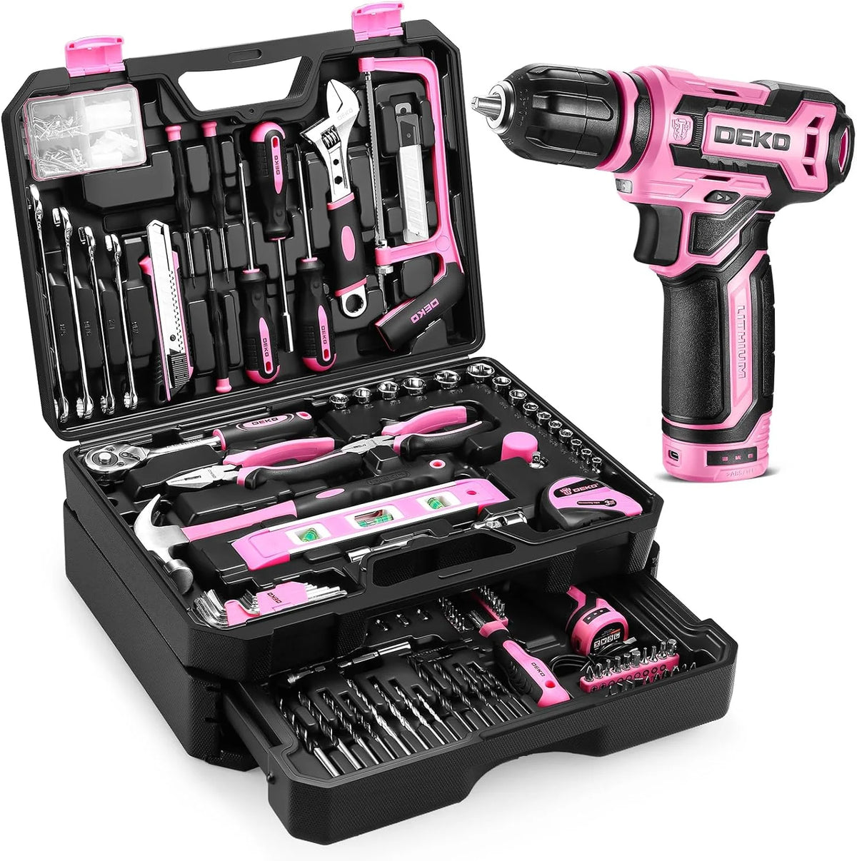 DEKO 12V Cordless Drill and Tool Set in Portable Toolbox