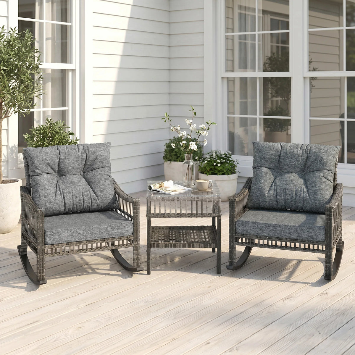 Outsunny Outdoor Rattan Rocking Chair Set With Tempered Glass Table