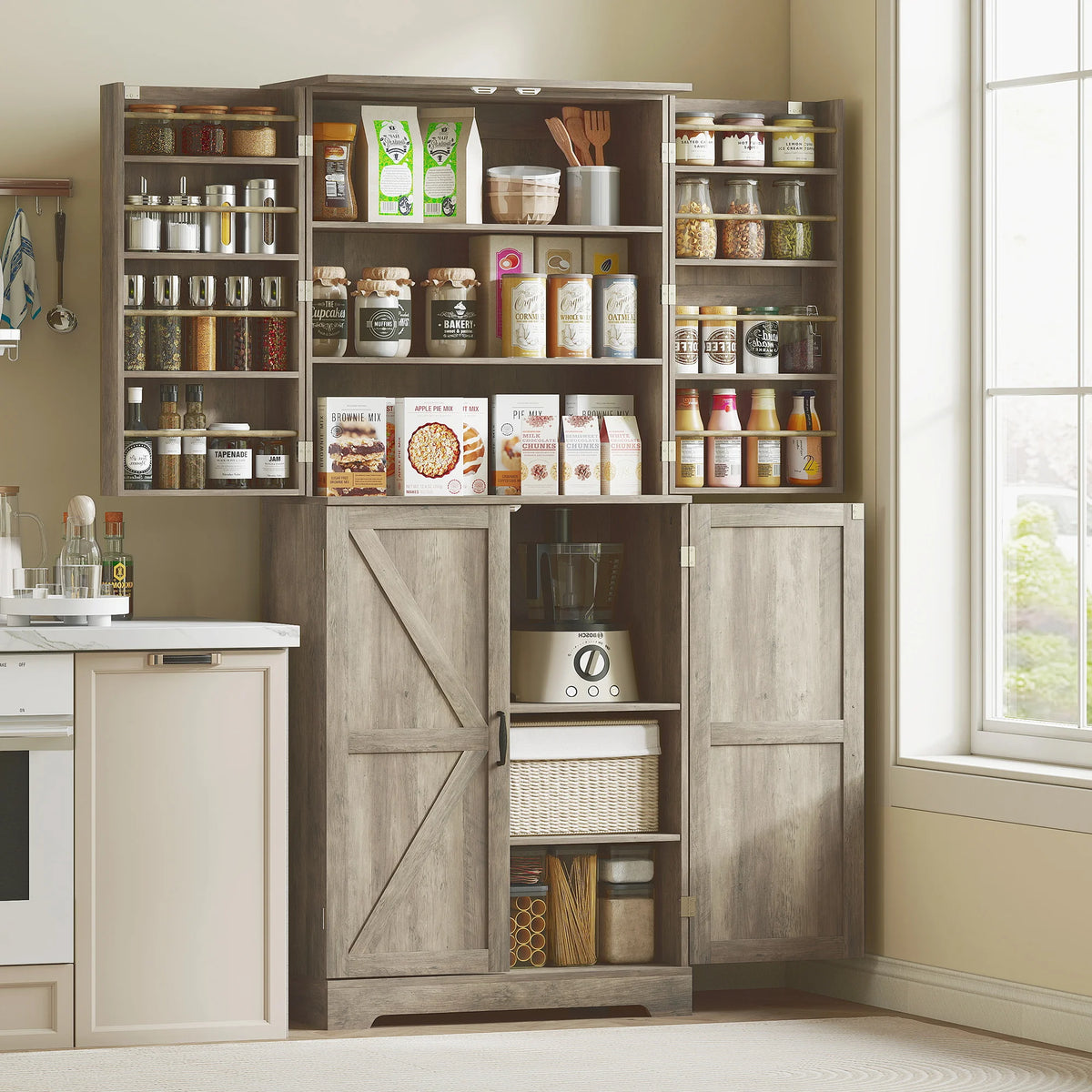 HOMCOM Farmhouse Kitchen Pantry Cabinet With Barn Door Storage